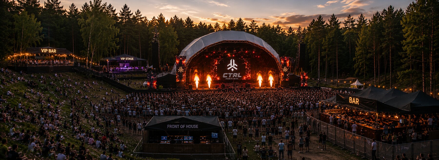 Konseptvisualisering av en framtidig CTRL-festival ved solnedgang